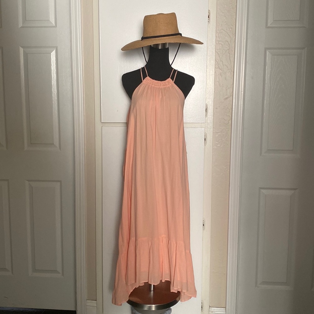 Loft petite maxi dress flounce high neck gathered peach orange. NWT. SP